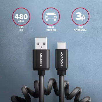Axagon duomenų ir įkrovimo USB 2.0 laidas, ilgis 1,1 m. 3 A. Juodas, susukamas. USB laidas, USB A – USB C