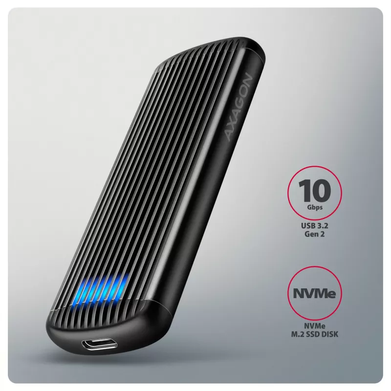 AXAGON EEM2-SC išorinis USB-C 10 Gbps bevaržtis metalinis M.2 NVMe SSD korpusas, vieno lizdo, pilkas