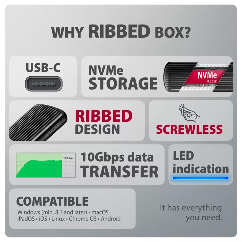AXAGON EEM2-SC išorinis USB-C 10 Gbps bevaržtis metalinis M.2 NVMe SSD korpusas, vieno lizdo, pilkas