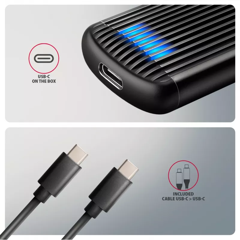 AXAGON EEM2-SC išorinis USB-C 10 Gbps bevaržtis metalinis M.2 NVMe SSD korpusas, vieno lizdo, pilkas