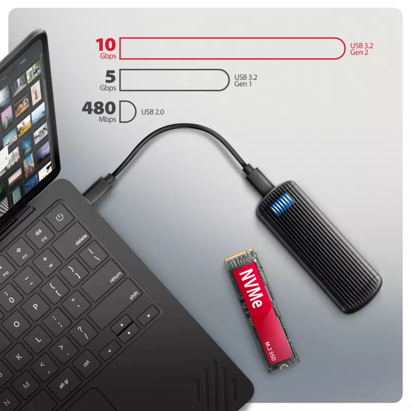 AXAGON EEM2-SC išorinis USB-C 10 Gbps bevaržtis metalinis M.2 NVMe SSD korpusas, vieno lizdo, pilkas