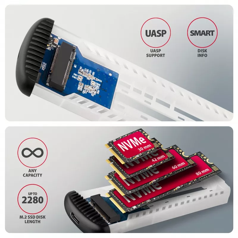 AXAGON EEM2-SC išorinis USB-C 10 Gbps bevaržtis metalinis M.2 NVMe SSD korpusas, vieno lizdo, pilkas