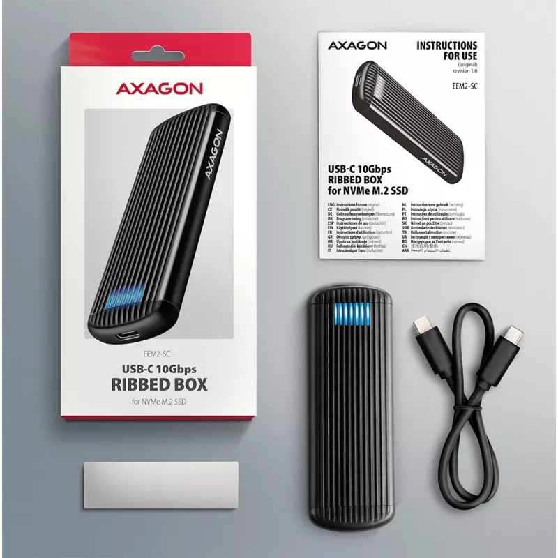 AXAGON EEM2-SC išorinis USB-C 10 Gbps bevaržtis metalinis M.2 NVMe SSD korpusas, vieno lizdo, pilkas