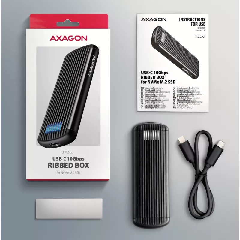 AXAGON EEM2-SC išorinis USB-C 10 Gbps bevaržtis metalinis M.2 NVMe SSD korpusas, vieno lizdo, pilkas
