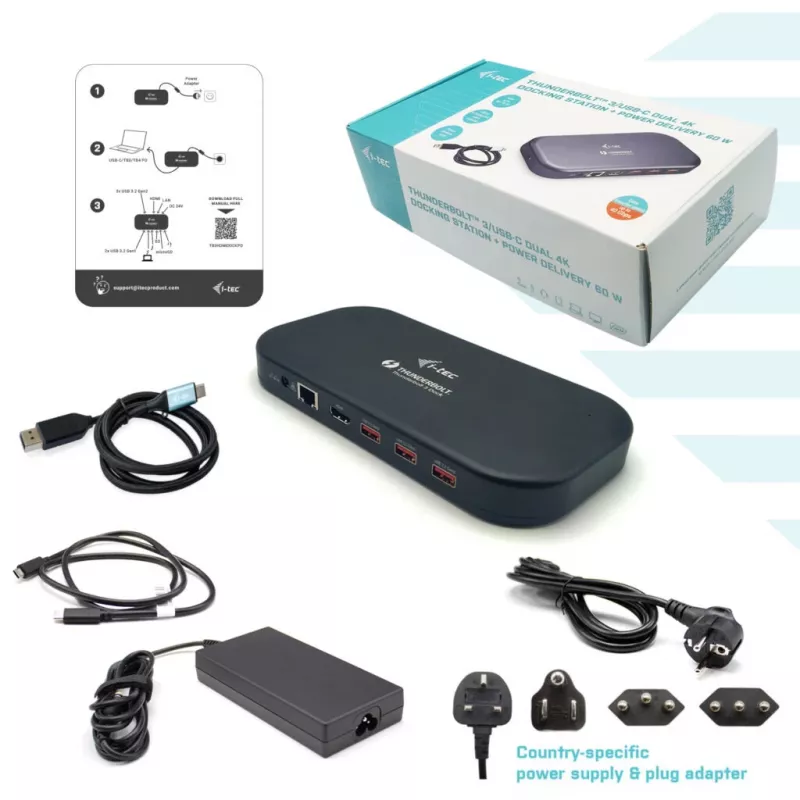 i-tec Thunderbolt 3/USB-C dviguba 4K prijungimo stotis + USB-C į DisplayPort laidas (1,5 m) + 60W maitinimo tiekimas