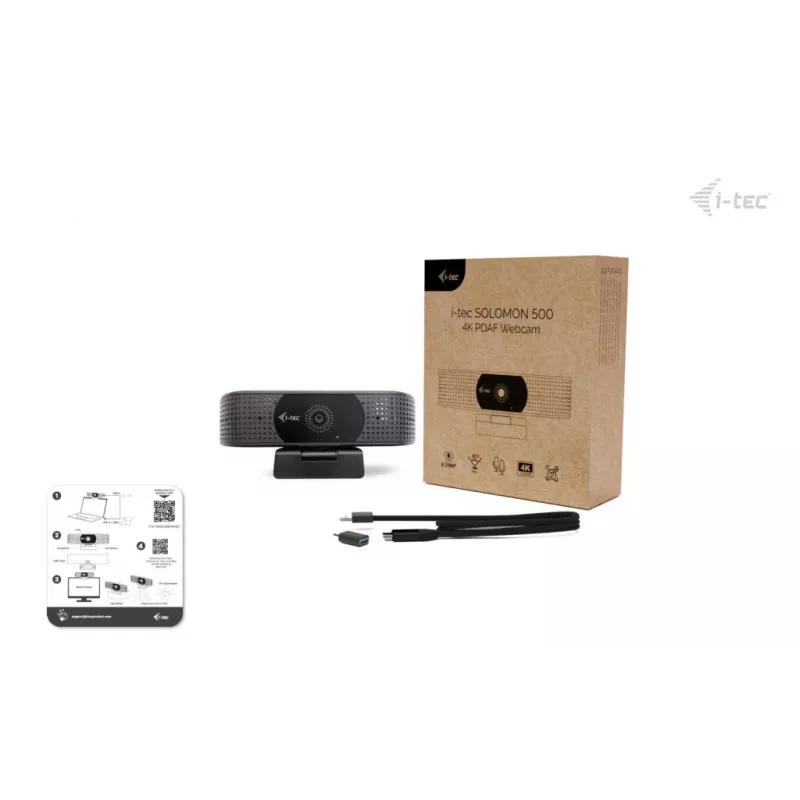 Internetinė kamera ITEC i-tec SOLOMON 500 4K PDAF — 4K Ultra HD, 3840×2160, USB, spaustuko laikiklis, juoda