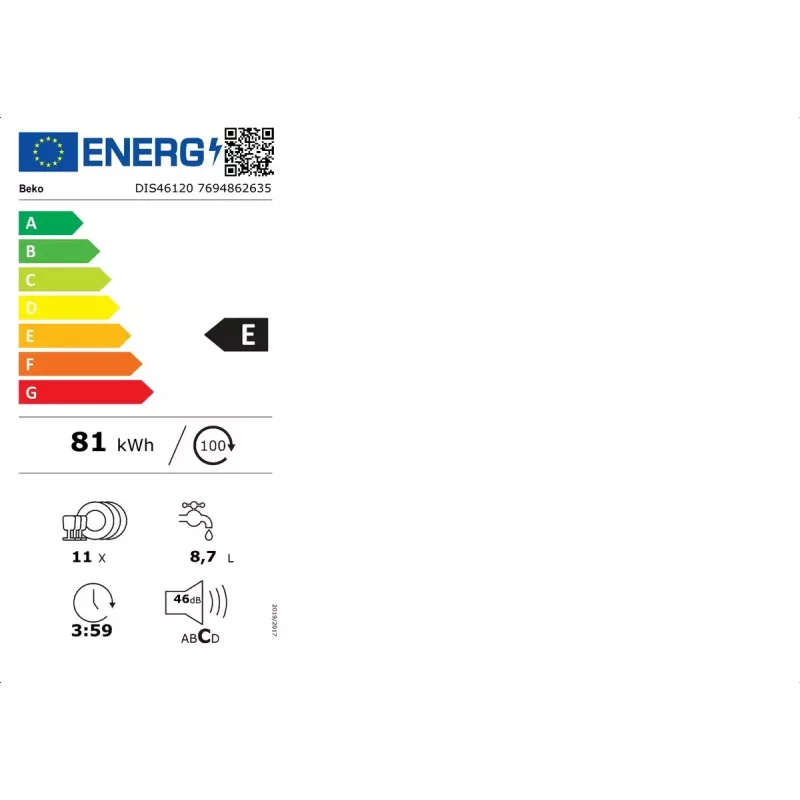 Indaplovė BEKO DIS46120 pilnai įmontuojama slimline 45 cm, 11 komplektų, balta, 46 dB, E energijos klasė