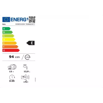 Laisvai pastatoma indaplovė BEKO DVN05320W — pilno dydžio 60 cm, 13 stalo įrankių komplektų, 49 dB, 5 programos, E klasė