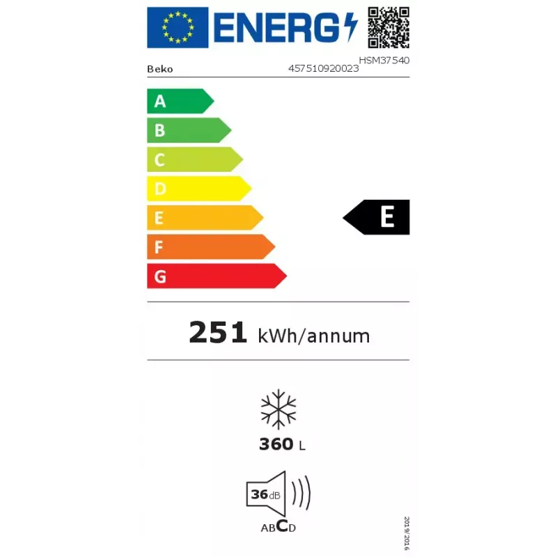 Šaldomoji skrynia BEKO HSM37540 — 360 L talpa, 16.3 kg/24h šaldymo pajėgumas, 3* saugojimas, Klimato klasė SN‑T, Balta