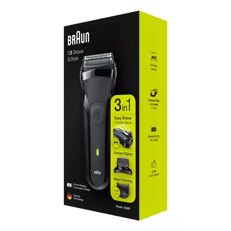 Braun Series 3 300BT belaidis šlapias ir sausas elektrinis folijos skutimosi peilis su kirpimo mašinėle