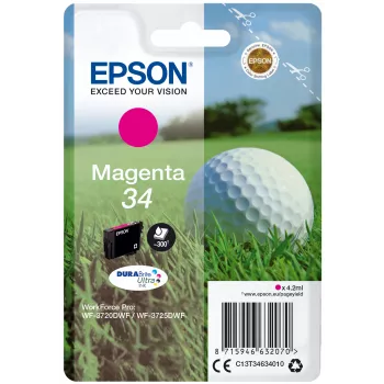 Epson Golf ball vienetinis pakelis purpurinis 34 DURABrite Ultra rašalas, standartinė išeiga, purpurinis, pigmentinis rašalas, 4,2 ml, 1 vnt., 300 puslapių