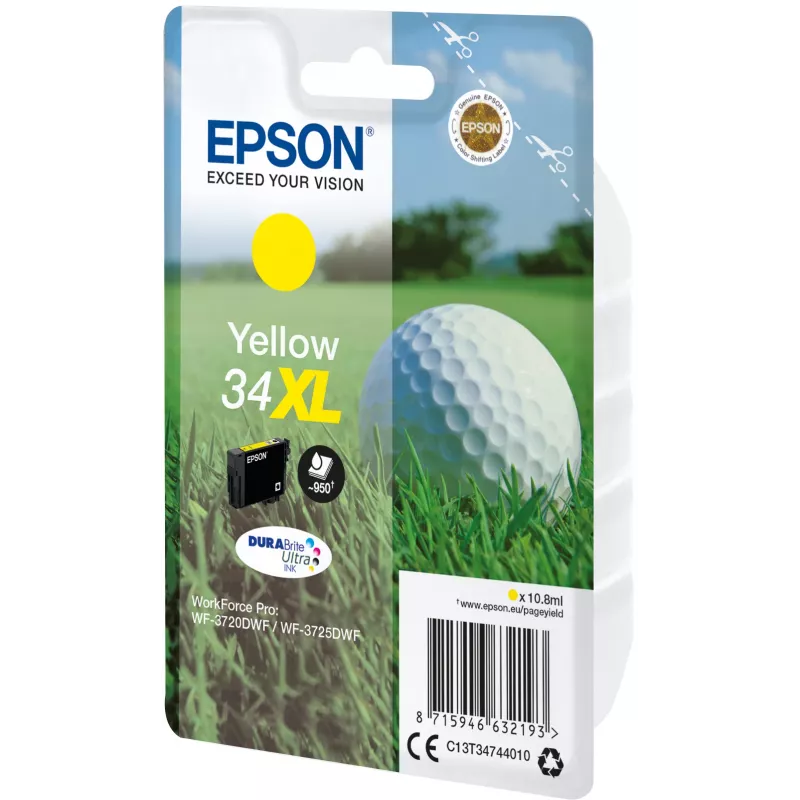 Epson Golf ball Singlepack Geltona 34XL DURABrite Ultra rašalas, didelės talpos (XL), geltonas, pigmentinis rašalas, 10,8 ml, 1 vnt., 950 puslapių