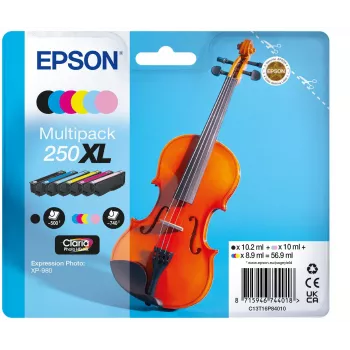 Epson 250XL Violin Claria Photo HD rašalo kasetė 6 vnt. Originali didelio našumo (XL) juoda, žalsvai mėlyna, šviesiai žalsvai mėlyna, šviesiai purpurinė, purpurinė, geltona