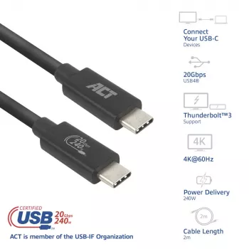 ACT USB4 20 Gbps 240 W USB Type-C laidas, 2 m, juodas, USB-IF sertifikuotas