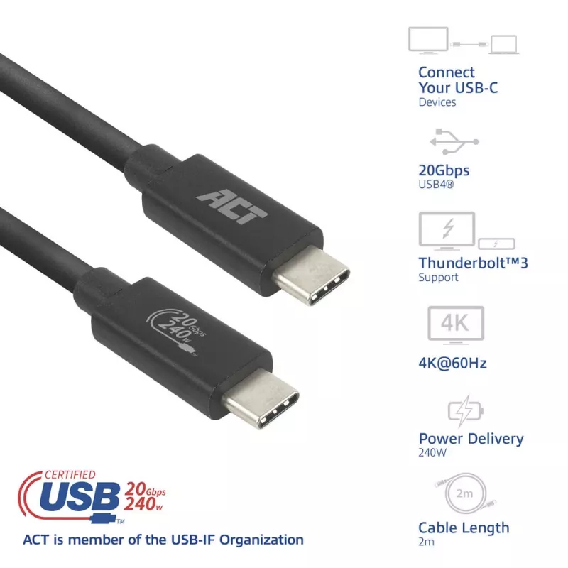 ACT USB4 20 Gbps 240 W USB Type-C laidas, 2 m, juodas, USB-IF sertifikuotas
