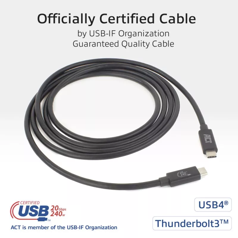ACT USB4 20 Gbps 240 W USB Type-C laidas, 2 m, juodas, USB-IF sertifikuotas