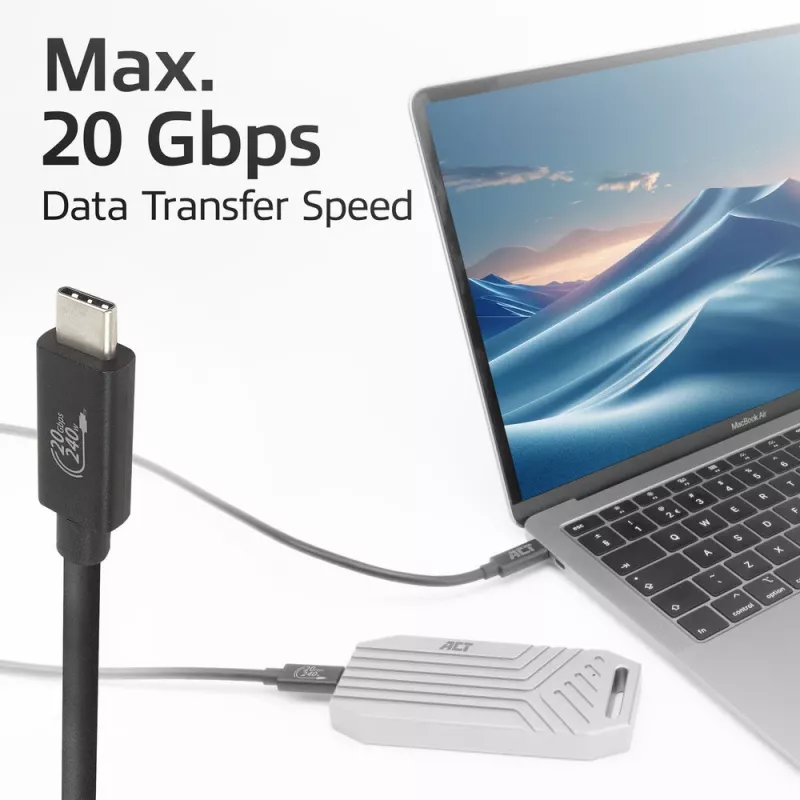 ACT USB4 20 Gbps 240 W USB Type-C laidas, 2 m, juodas, USB-IF sertifikuotas