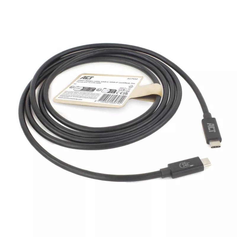 ACT USB4 20 Gbps 240 W USB Type-C laidas, 2 m, juodas, USB-IF sertifikuotas