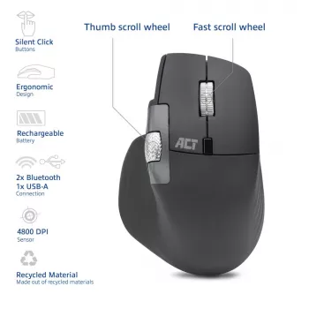 ACT AC5147 belaidė lazerinė pelė — dešiniarankiams, RF + Bluetooth, 4800 DPI, 6 mygtukai, pilka