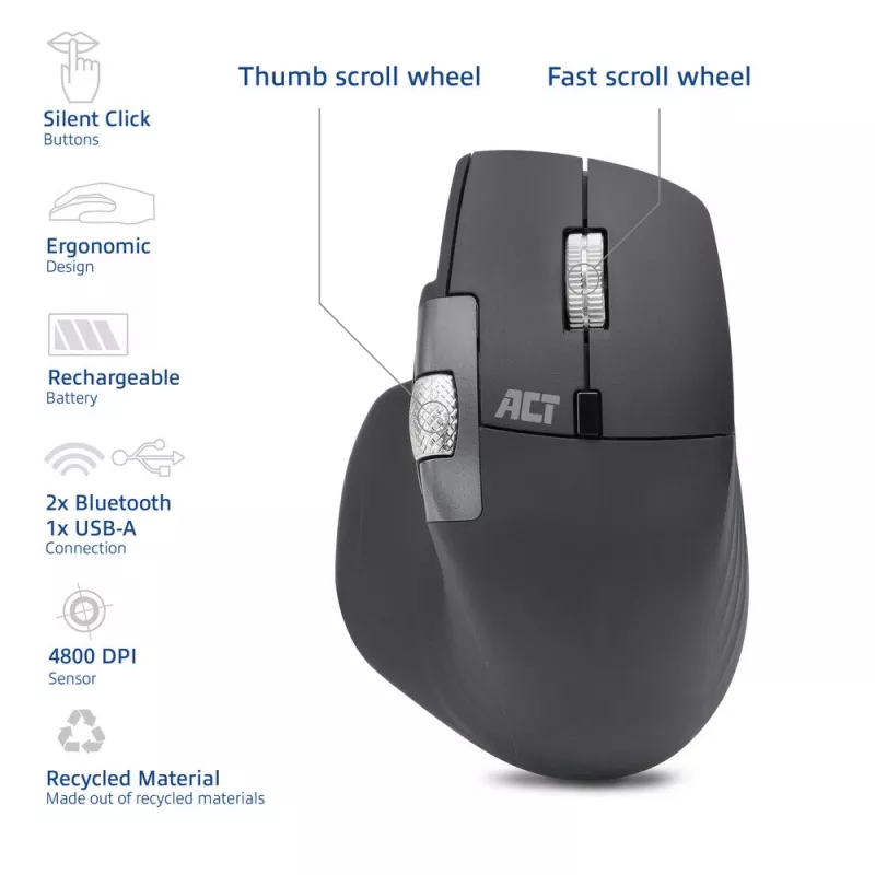 ACT AC5147 belaidė lazerinė pelė — dešiniarankiams, RF + Bluetooth, 4800 DPI, 6 mygtukai, pilka