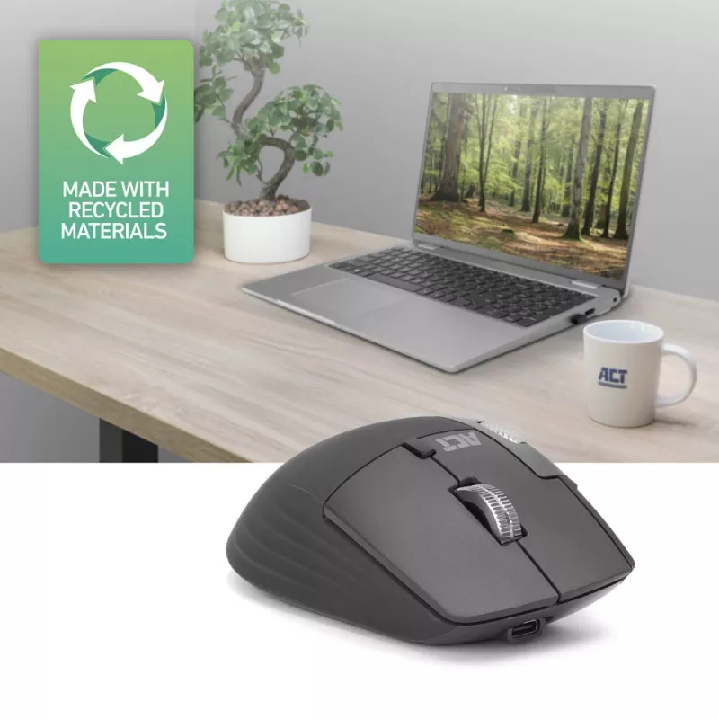 ACT AC5147 belaidė lazerinė pelė — dešiniarankiams, RF + Bluetooth, 4800 DPI, 6 mygtukai, pilka