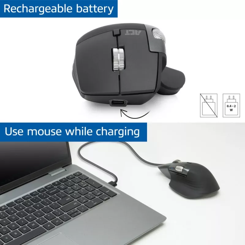 ACT AC5147 belaidė lazerinė pelė — dešiniarankiams, RF + Bluetooth, 4800 DPI, 6 mygtukai, pilka