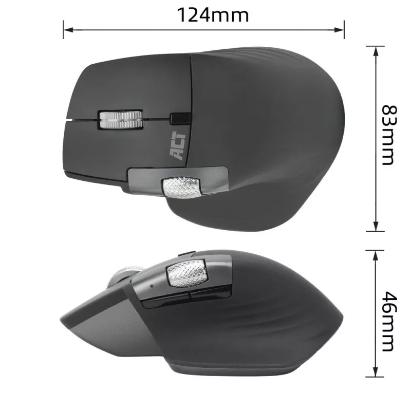 ACT AC5147 belaidė lazerinė pelė — dešiniarankiams, RF + Bluetooth, 4800 DPI, 6 mygtukai, pilka