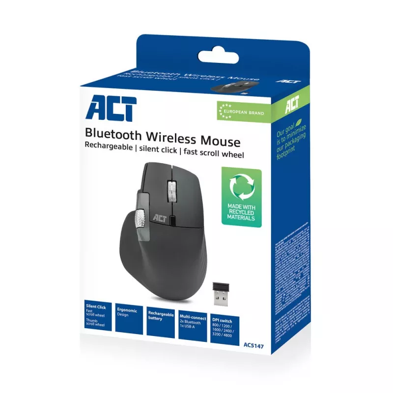ACT AC5147 belaidė lazerinė pelė — dešiniarankiams, RF + Bluetooth, 4800 DPI, 6 mygtukai, pilka