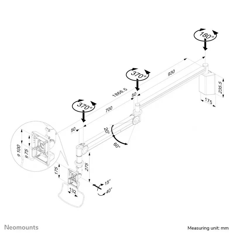 Neomounts FPMA-HAW100HC Medicininės monitoriaus rankos sieninis laikiklis 10-32 col. - aukštis 0-170 cm - dujinė spyruoklė
