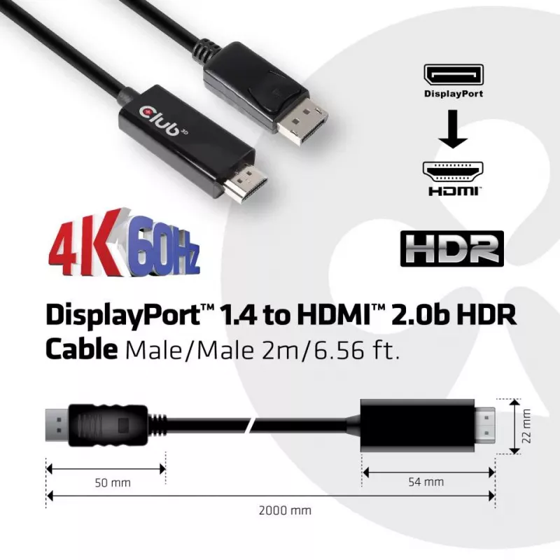 CLUB3D DisplayPort 1.4 į HDMI 2.0b HDR laidas kištukas/kištukas 2 m / 6,56 pėdos