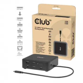 USB-C keturių „DisplayLink“ dokavimo stotis CLUB 3D CSV-2542 — 2× DisplayPort 8K60Hz, 2× HDMI 4K60Hz, PD 100W, 2,5G Ethernet