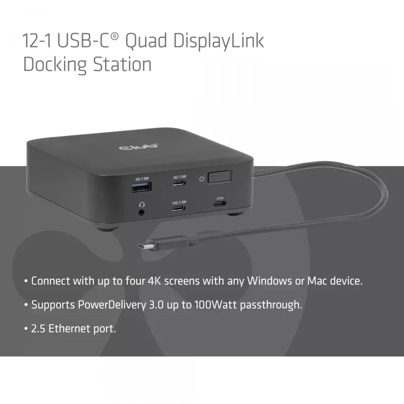 USB-C keturių „DisplayLink“ dokavimo stotis CLUB 3D CSV-2542 — 2× DisplayPort 8K60Hz, 2× HDMI 4K60Hz, PD 100W, 2,5G Ethernet