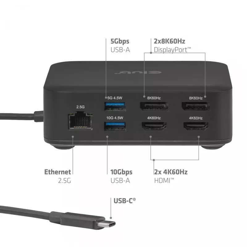 USB-C keturių „DisplayLink“ dokavimo stotis CLUB 3D CSV-2542 — 2× DisplayPort 8K60Hz, 2× HDMI 4K60Hz, PD 100W, 2,5G Ethernet