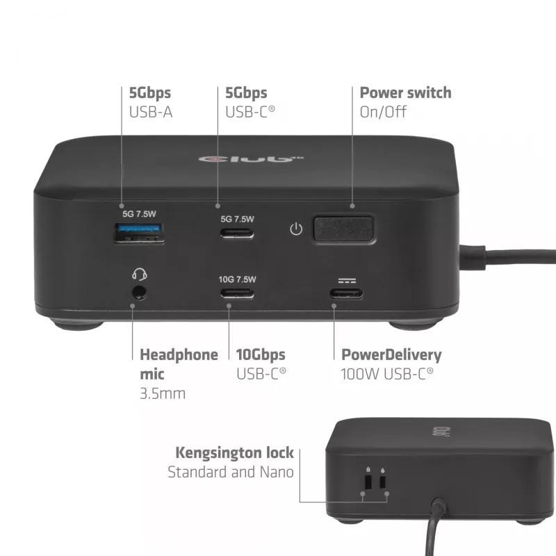 USB-C keturių „DisplayLink“ dokavimo stotis CLUB 3D CSV-2542 — 2× DisplayPort 8K60Hz, 2× HDMI 4K60Hz, PD 100W, 2,5G Ethernet