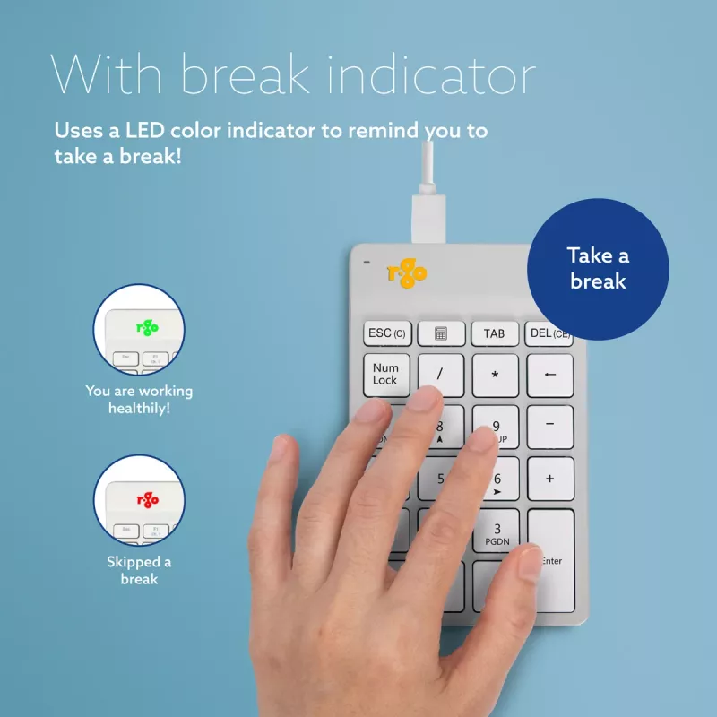 R-Go Tools Skaitmeninė klaviatūra R-Go Numpad Break, ergonominė skaitmeninė klaviatūra su pertraukų programine įranga, laidinė, balta