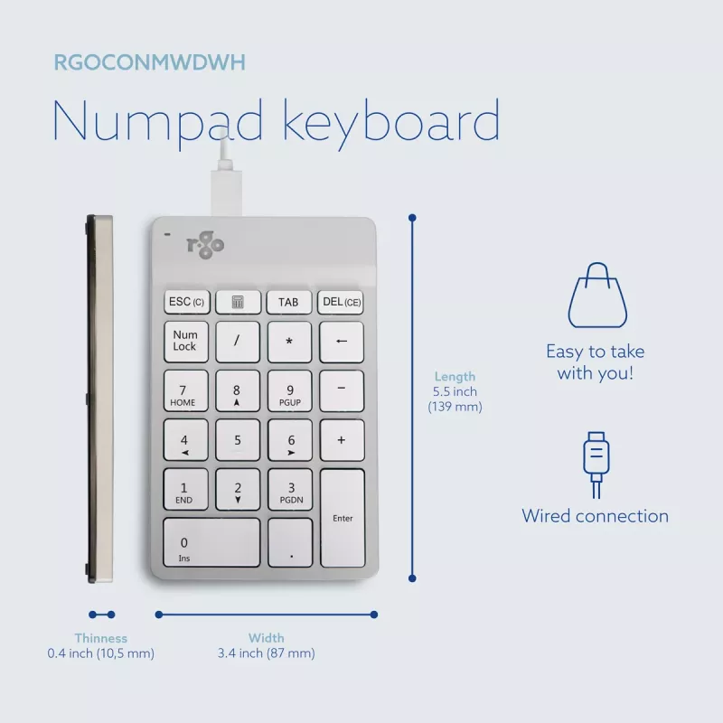 R-Go Tools Skaitmeninė klaviatūra R-Go Numpad Break, ergonominė skaitmeninė klaviatūra su pertraukų programine įranga, laidinė, balta
