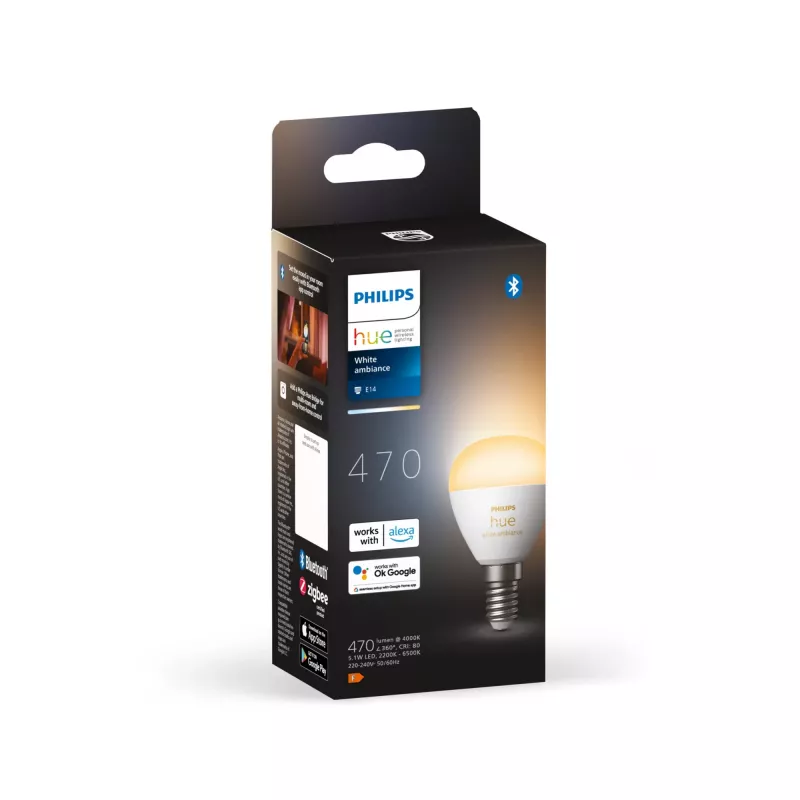 Philips Hue White ambience Lustre – E14 išmanioji lemputė, išmanioji lemputė, Bluetooth/Zigbee, balta, LED, E14, P45