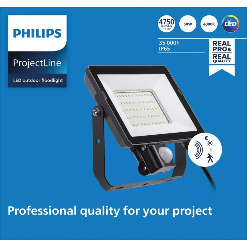 Prožektorius Philips LED 50 W 4000 K IP65 juodas — lauko LED prožektorius, 50 W, neutrali balta