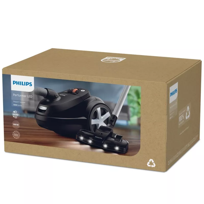 Cilindrinis dulkių siurblys Philips 8000 serija XD8122/10 — 900 W, 4 L dulkių maišelis, HEPA filtras, juodas