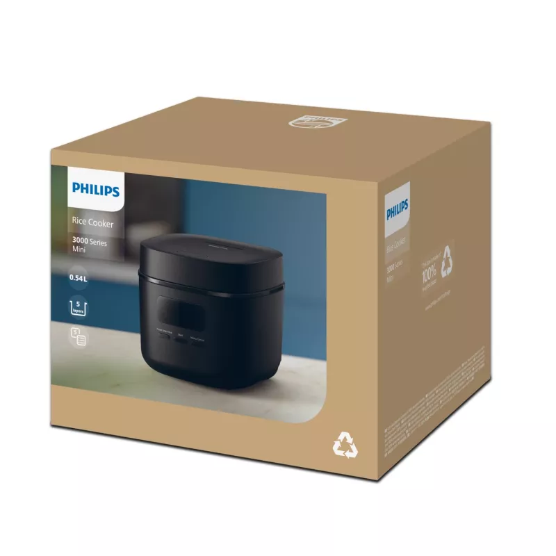 Ryžių viryklė Philips 3000 serijos HD3080/80, 0,54 l, 400 W, juoda, mygtukinis valdymas