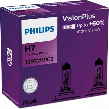 Philips VisionPlus 12972VPC2 Didesnis saugumas ir komfortas, 55 W, 12 V, H7, halogeninė, 2 vnt.
