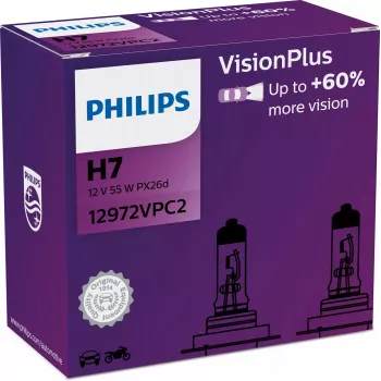 Philips VisionPlus 12972VPC2 Didesnis saugumas ir komfortas, 55 W, 12 V, H7, halogeninė, 2 vnt.