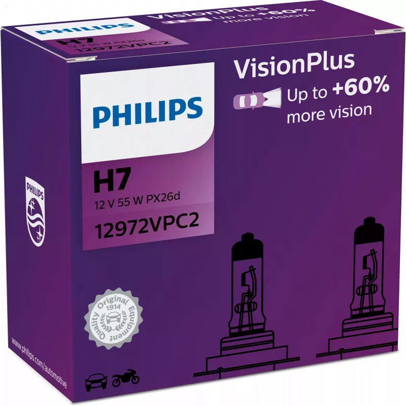 Philips VisionPlus 12972VPC2 Didesnis saugumas ir komfortas, 55 W, 12 V, H7, halogeninė, 2 vnt.