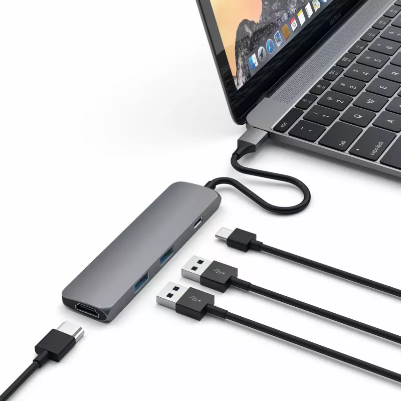 Satechi ST-CMAM nešiojamojo kompiuterio dokas / prievadų daugintuvas USB 3.2 Gen 1 Type-C, HDMI, USB-A, USB-C, pilkas, aliuminis
