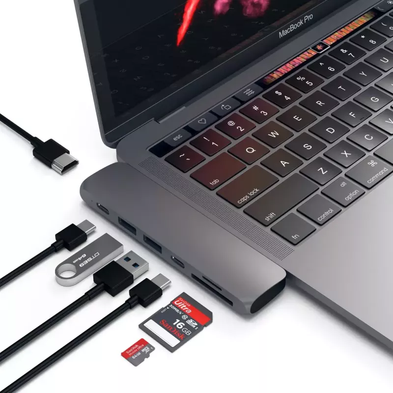 Satechi nešiojamojo kompiuterio dokas / prievadų plėtiklis ST-CMBPM — USB 3.2 Gen 1 Type-C priegloba, HDMI, USB-A, SD/MicroSD, pilka