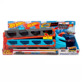 Hot Wheels City Speedway Hauler Carrier su 3 žaisliniais automobiliukais, Transporto priemonių rinkinys, 4 metai, Plastikas, Pilka, Įvairiaspalvis