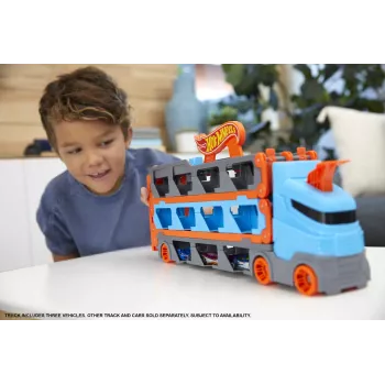 Hot Wheels City Speedway Hauler Carrier su 3 žaisliniais automobiliukais, Transporto priemonių rinkinys, 4 metai, Plastikas, Pilka, Įvairiaspalvis