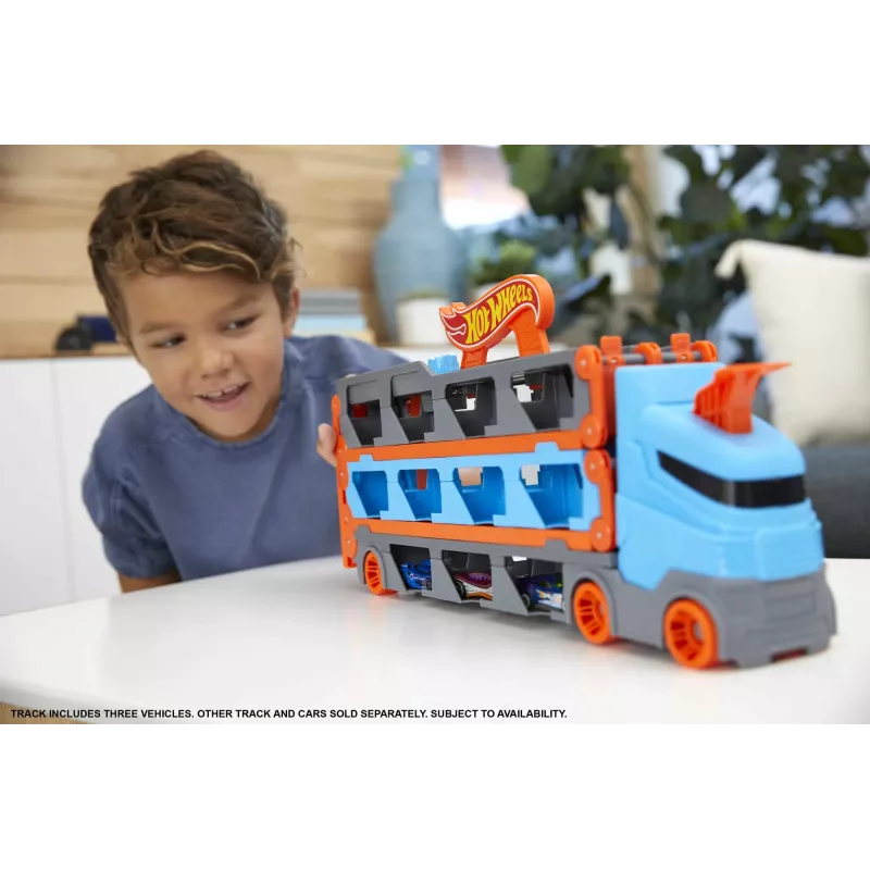 Hot Wheels City Speedway Hauler Carrier su 3 žaisliniais automobiliukais, Transporto priemonių rinkinys, 4 metai, Plastikas, Pilka, Įvairiaspalvis