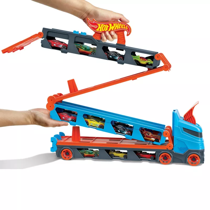 Hot Wheels City Speedway Hauler Carrier su 3 žaisliniais automobiliukais, Transporto priemonių rinkinys, 4 metai, Plastikas, Pilka, Įvairiaspalvis