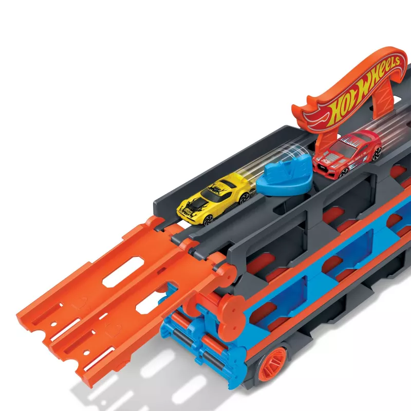 Hot Wheels City Speedway Hauler Carrier su 3 žaisliniais automobiliukais, Transporto priemonių rinkinys, 4 metai, Plastikas, Pilka, Įvairiaspalvis